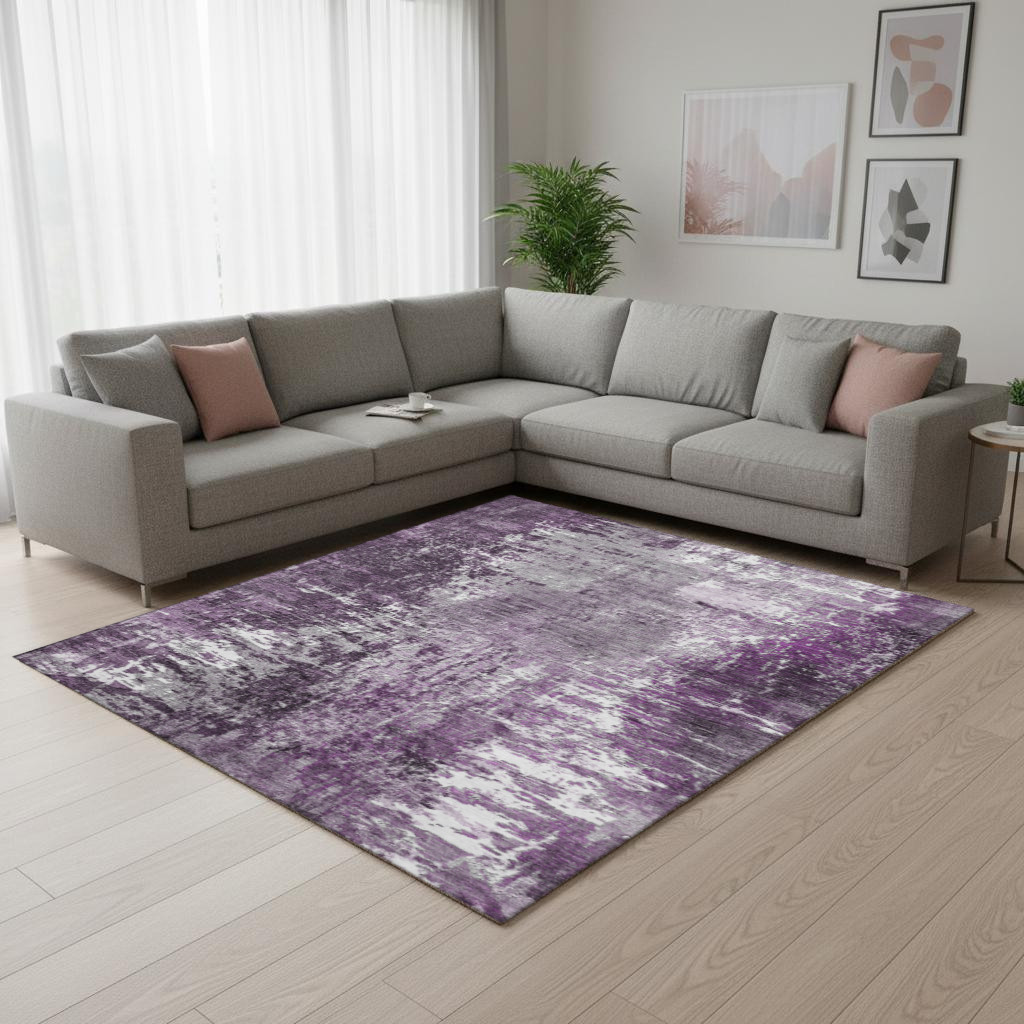 657514 9 x 12 ft. Eggplant & Ivory Abstract Transitional Washable Machine Made Rectangle Area Rug with UV Protection