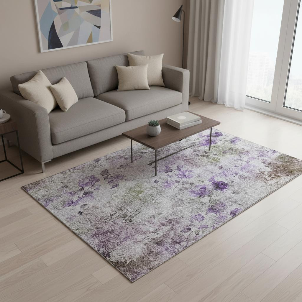 657729 8 x 10 ft. Purple, Gray & Ivory Floral Transitional Washable Machine Made Rectangle Area Rug with UV Protection