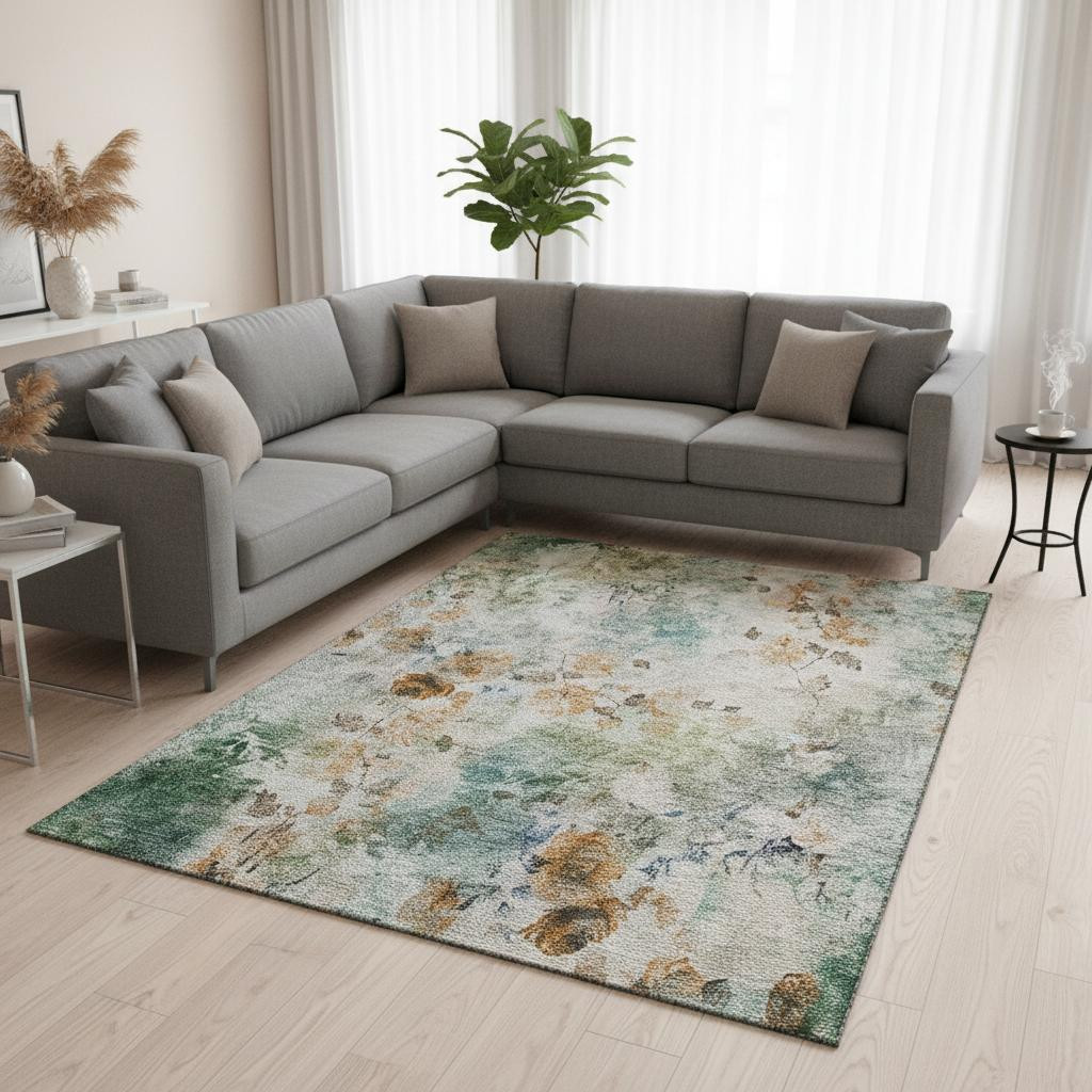 657743 10 x 14 ft. Teal Copper & Ivory Floral Washable Machine Made Rectangle Area Rug with UV Protection