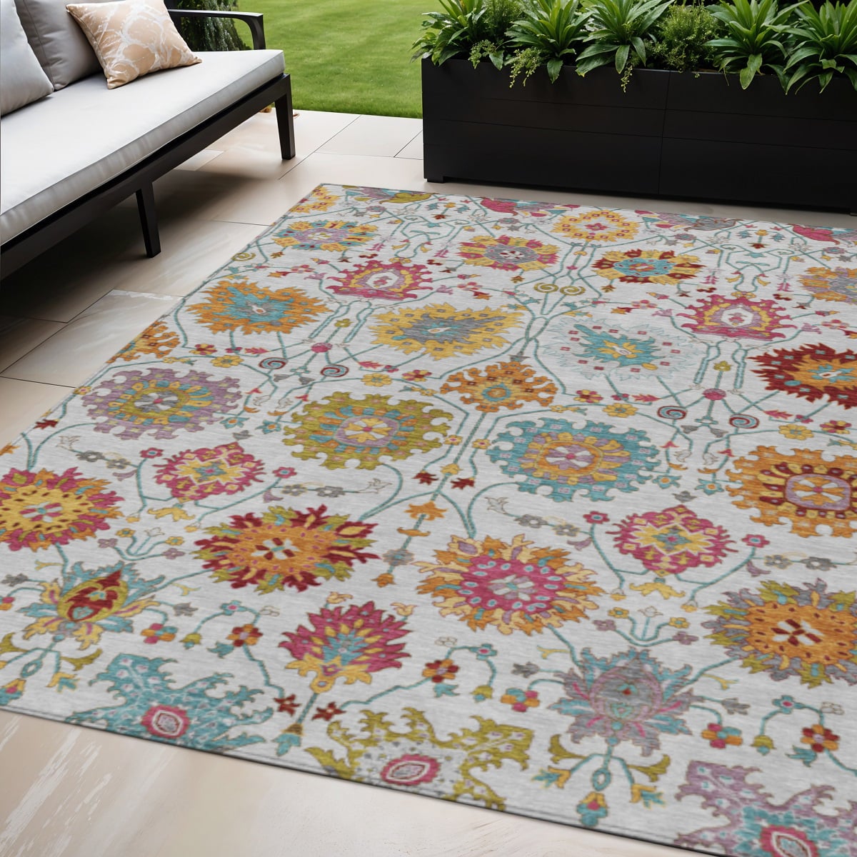 657830 5 x 8 ft. Ivory Gold & Pink Damask Washable Transitional Indoor & Outdoor Rectangle Area Rug