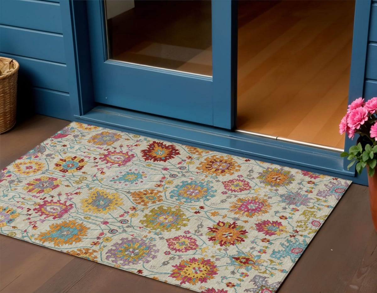 657835 3 x 5 ft. Linen Gold & Pink Damask Washable Transitional Indoor & Outdoor Rectangle Area Rug