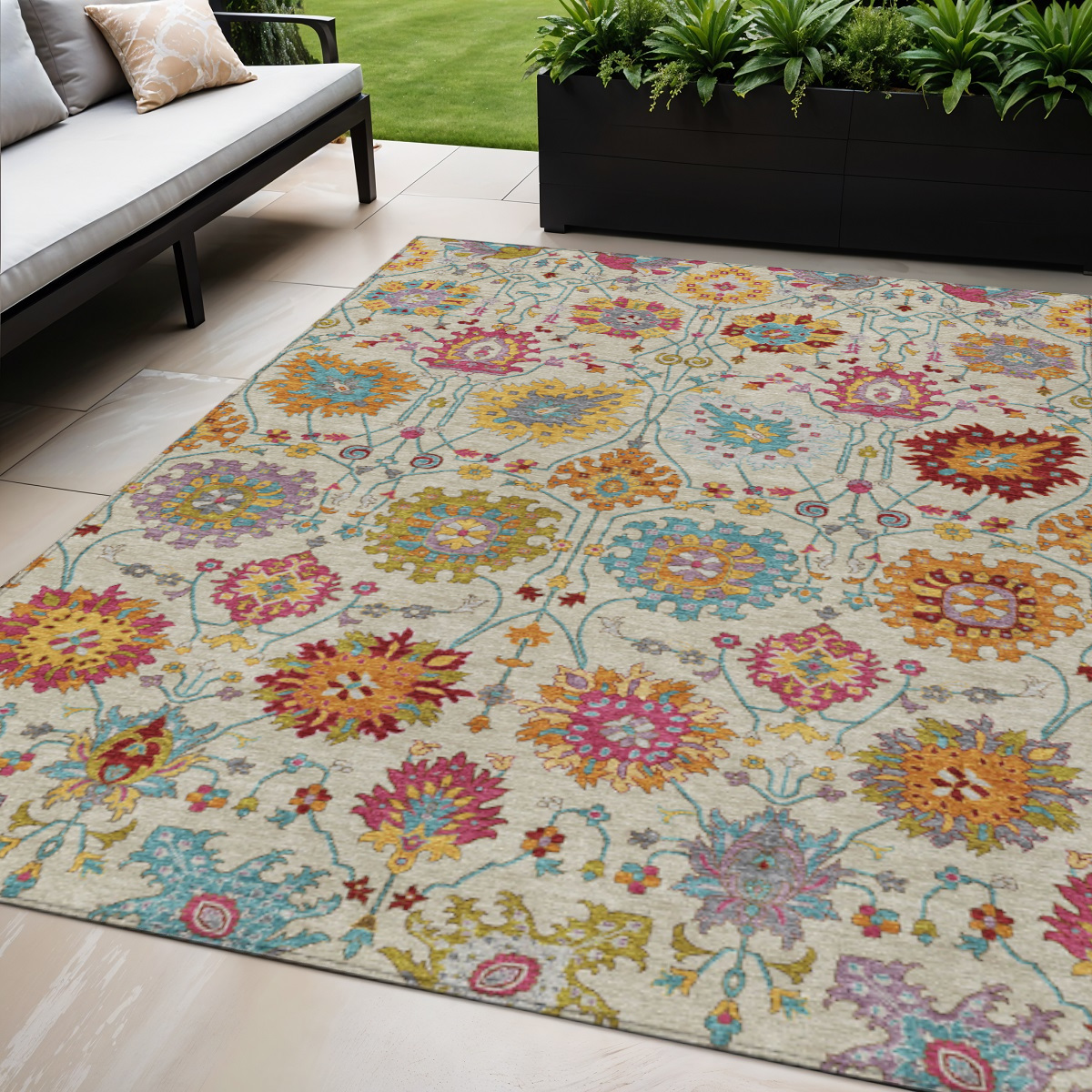 657836 5 x 8 ft. Linen Gold & Pink Damask Washable Transitional Indoor & Outdoor Rectangle Area Rug