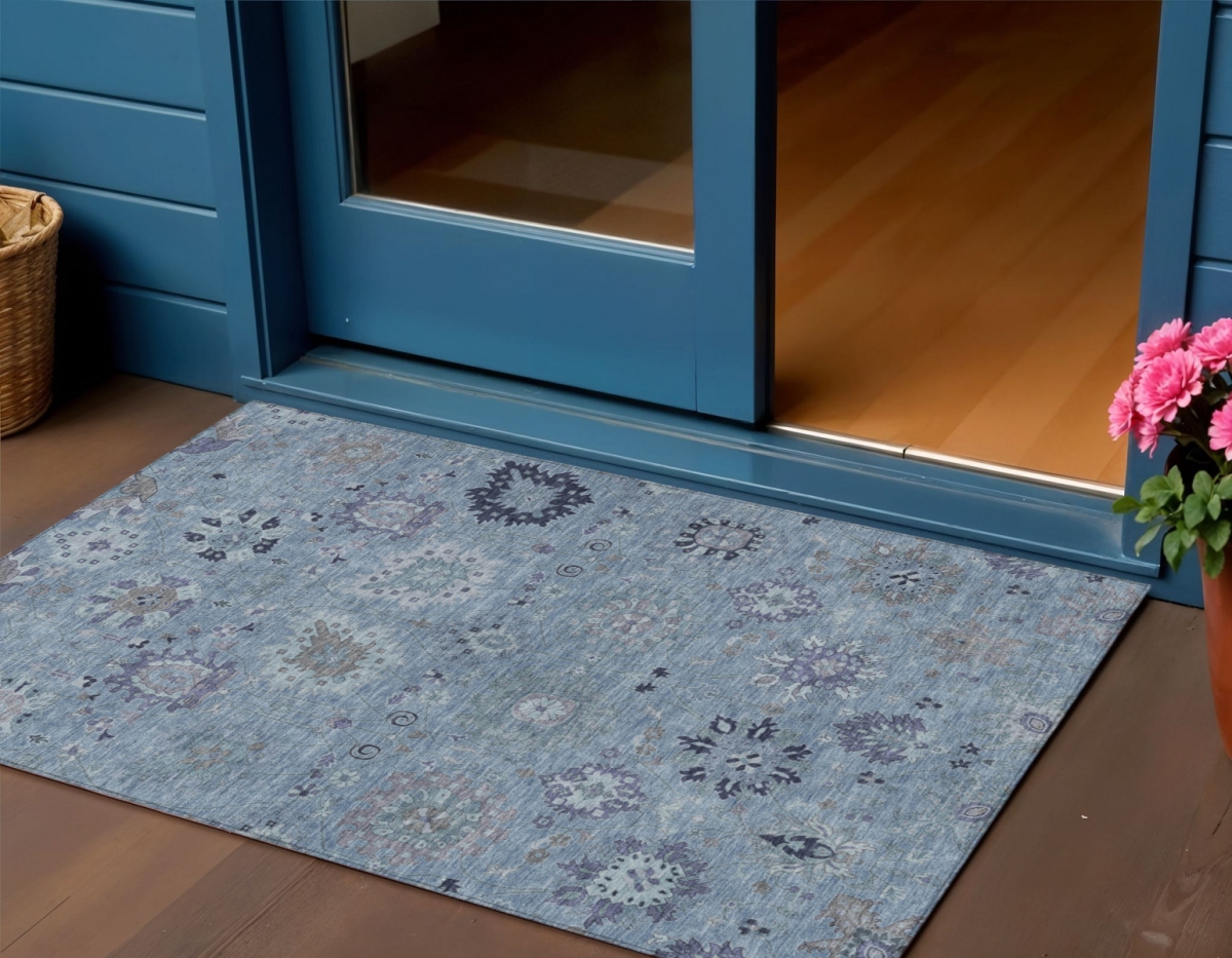 657865 3 x 5 ft. Denim Blue & Gray Damask Washable Transitional Indoor & Outdoor Rectangle Area Rug