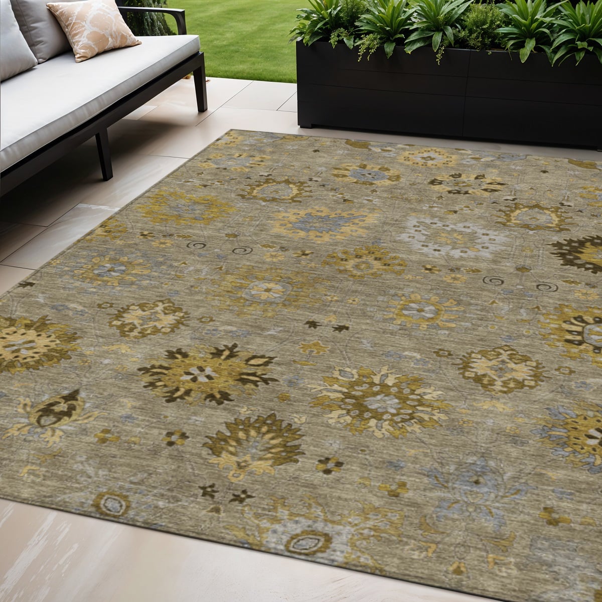 657878 5 x 8 ft. Khaki Gold & Gray Damask Washable Transitional Indoor & Outdoor Rectangle Area Rug