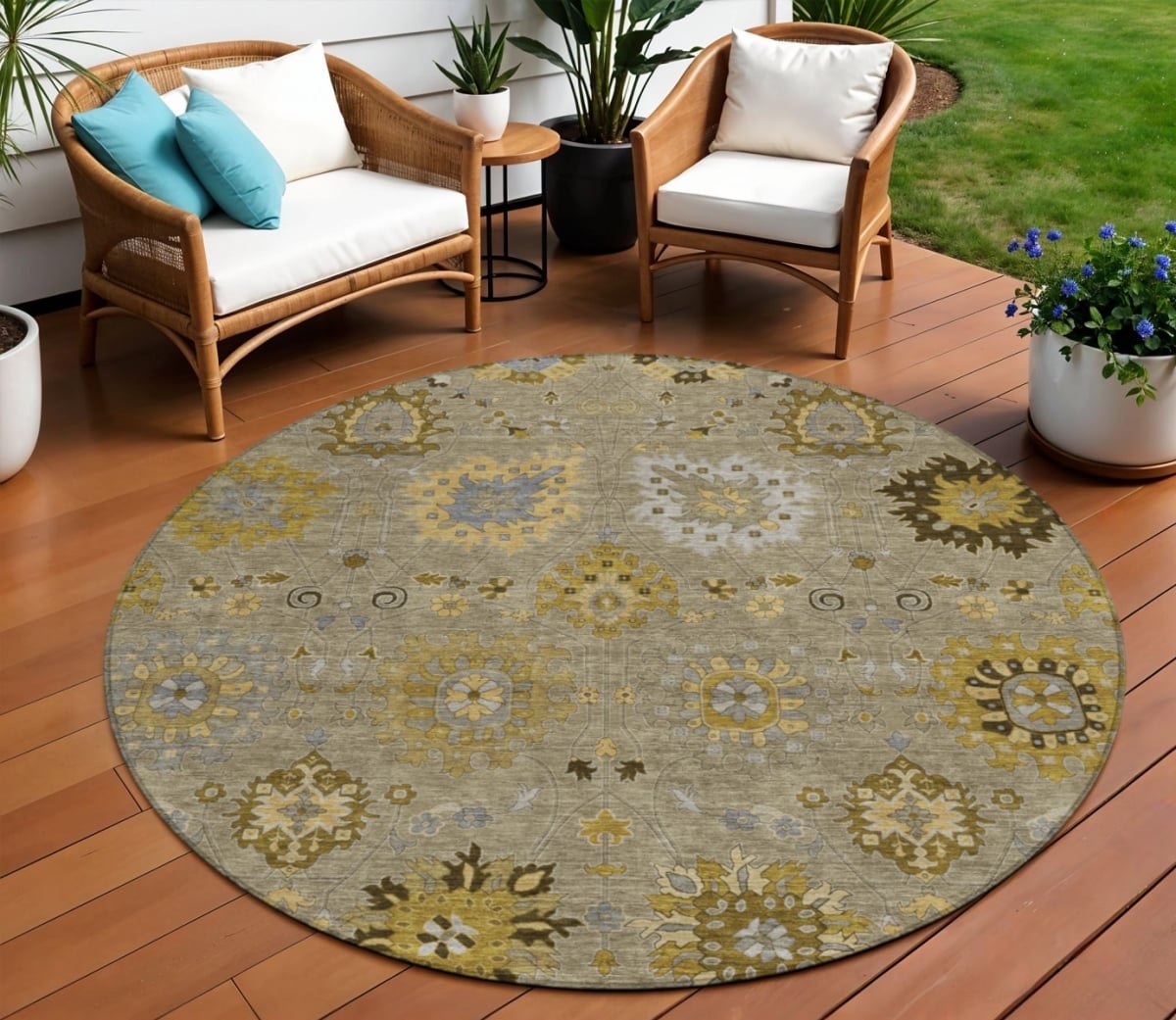 657879 8 ft. Khaki Gold & Gray Damask Washable Transitional Indoor & Outdoor Round Area Rug