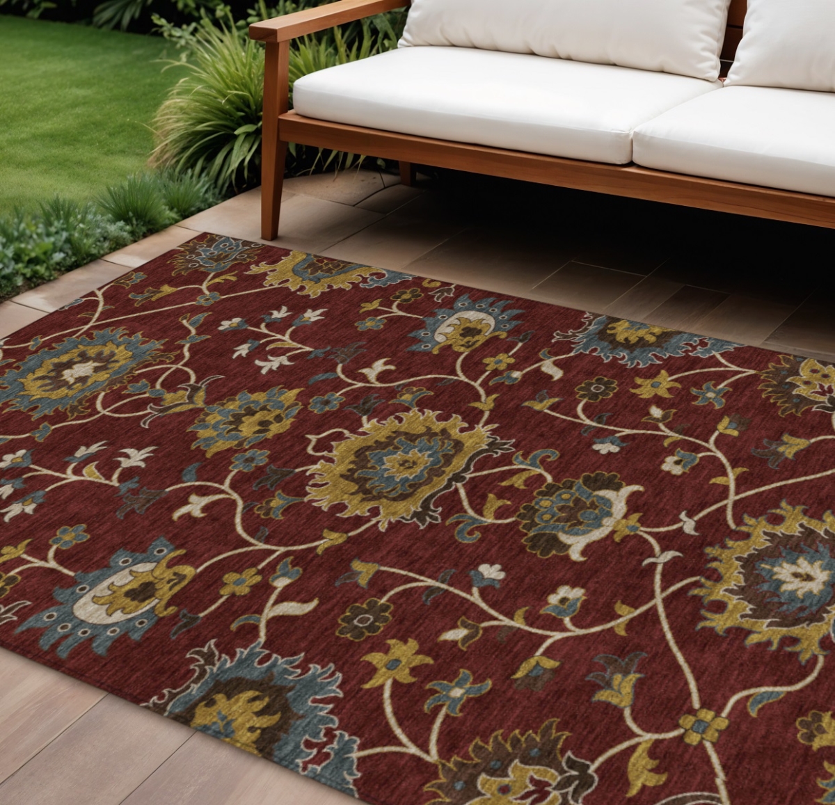 657918 10 x 14 ft. Burgundy Gold & Gray Floral Washable Traditional Indoor & Outdoor Rectangle Area Rug
