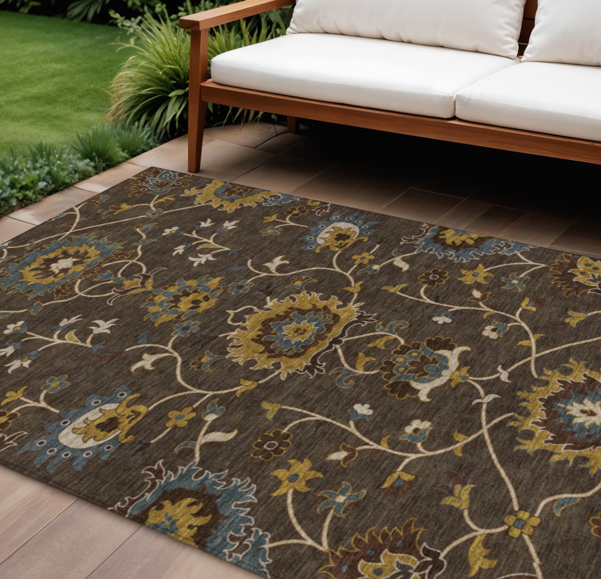 657923 9 x 12 ft. Chocolate Gold & Gray Floral Washable Traditional Indoor & Outdoor Rectangle Area Rug