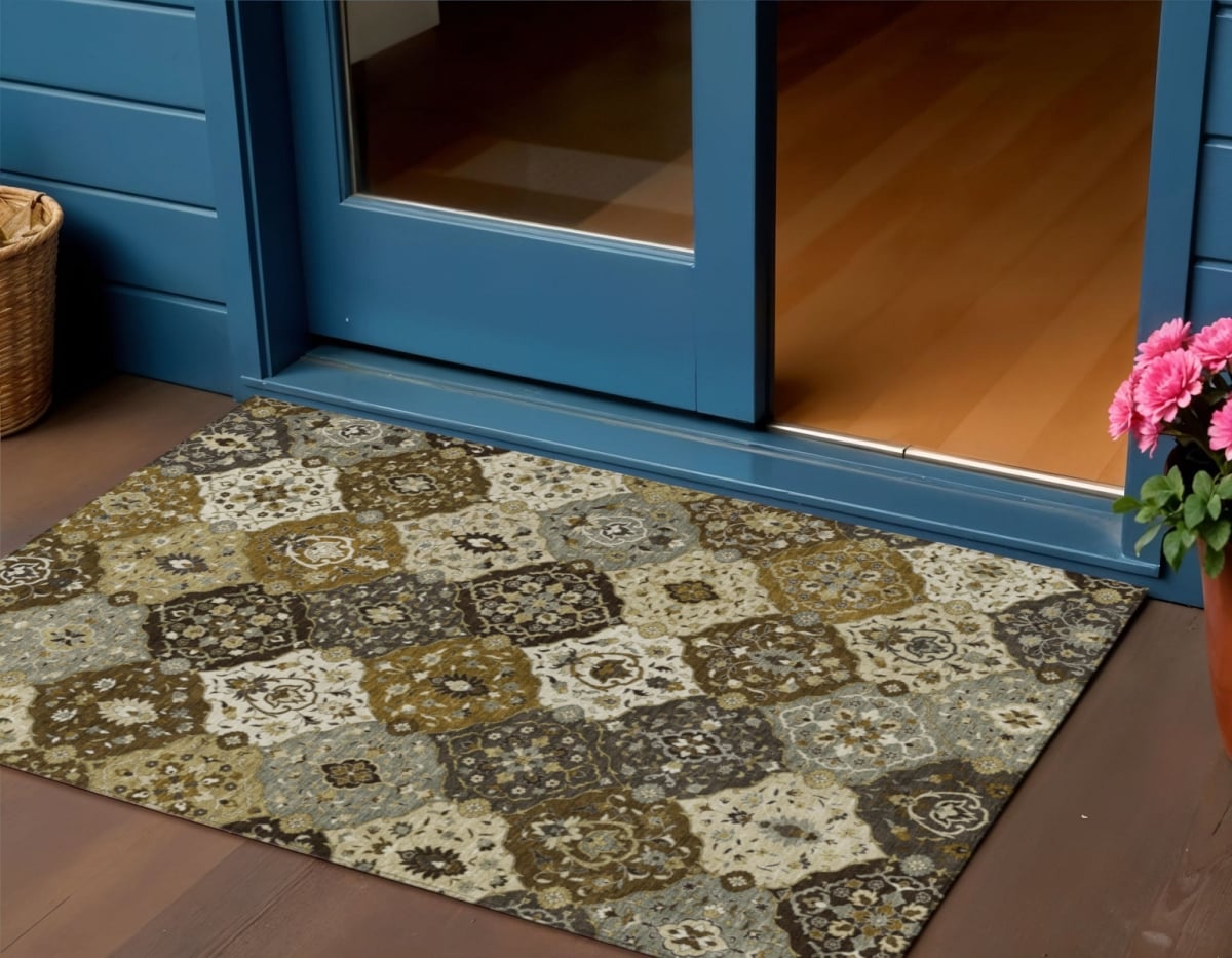 657997 3 x 5 ft. Brown, Gray & Gold Floral Medallion Washable Transitional Indoor & Outdoor Rectangle Area Rug