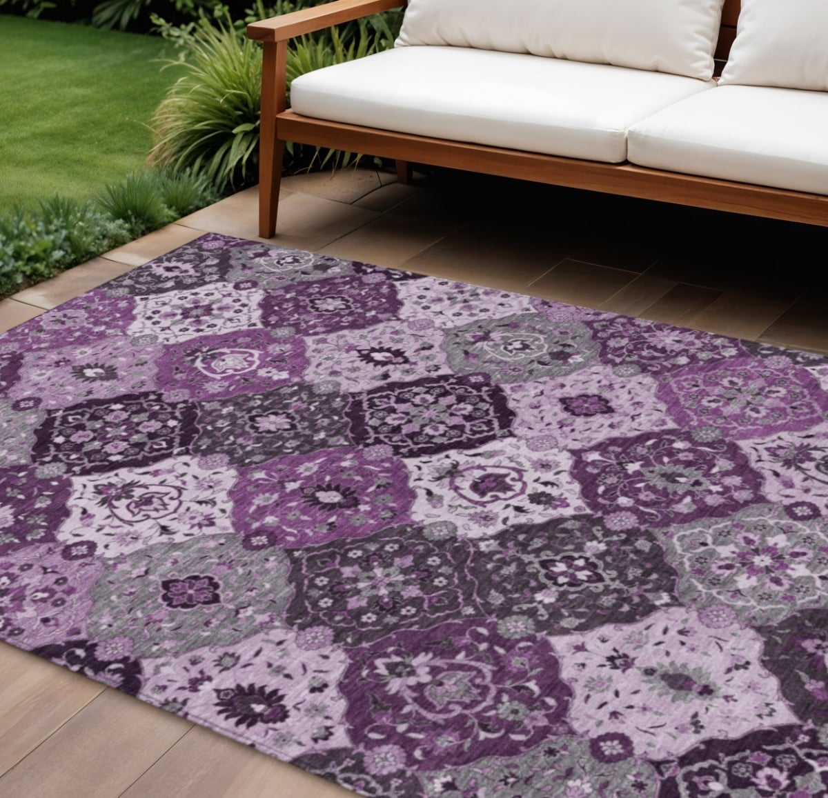 658030 8 x 10 ft. Purple & Ivory Floral Medallion Washable Transitional Indoor & Outdoor Rectangle Area Rug
