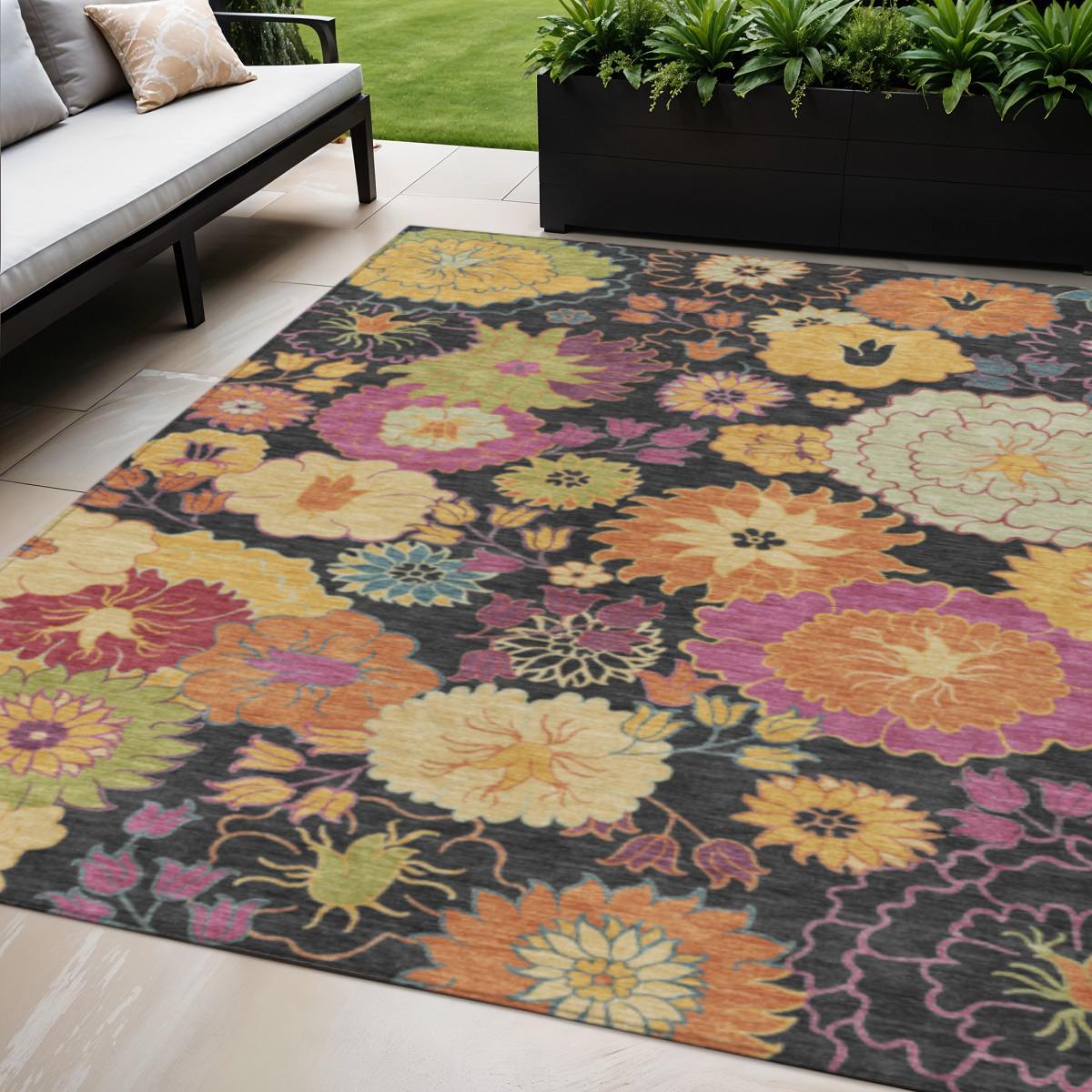 658046 5 x 8 ft. Black Gold & Pink Floral Washable Transitional Indoor & Outdoor Rectangle Area Rug