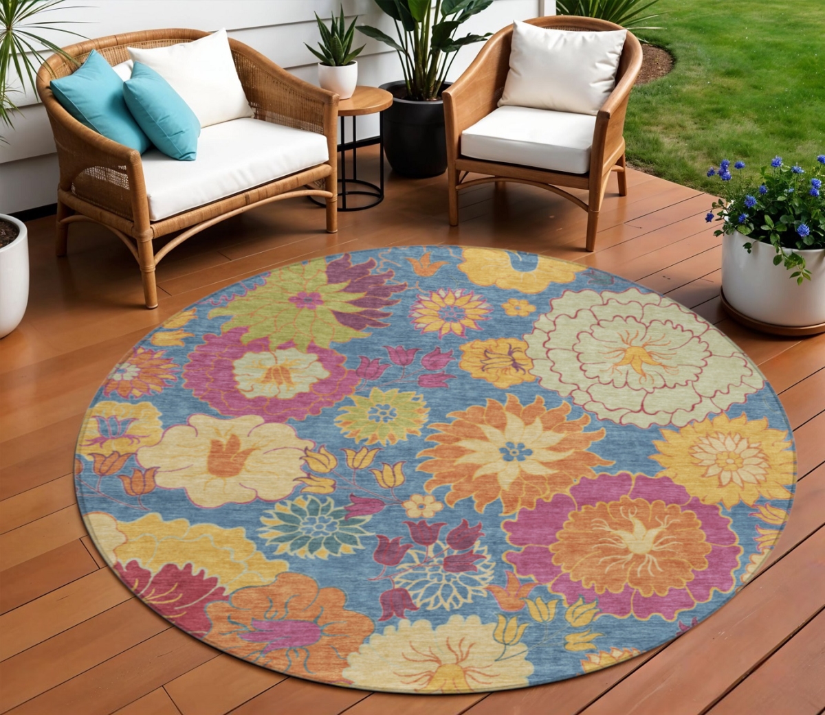 658053 8 ft. Blue Gold & Pink Floral Washable Transitional Indoor & Outdoor Round Area Rug