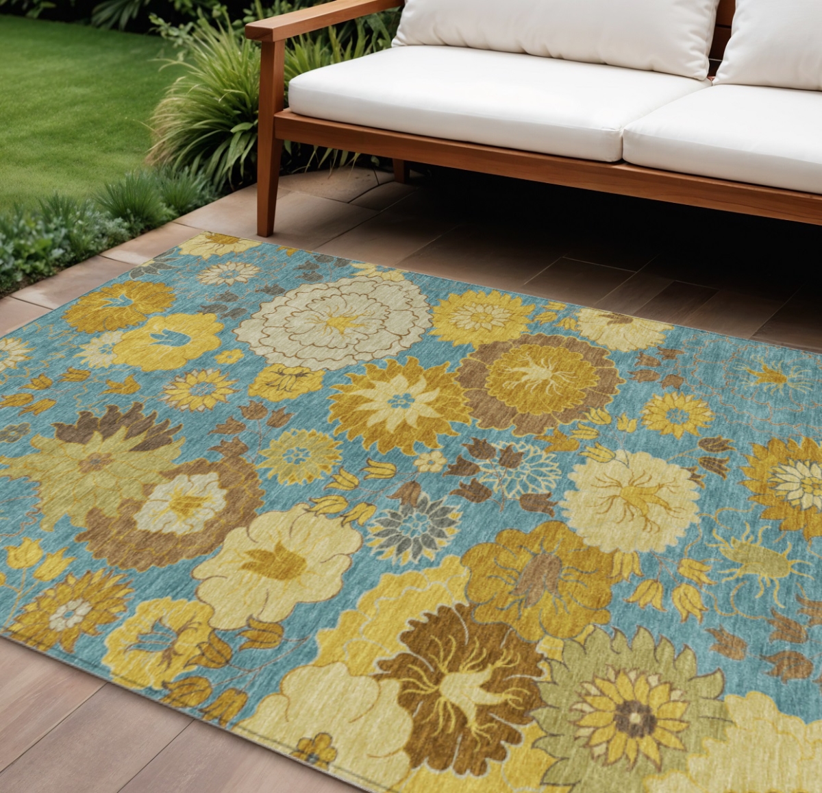 658091 9 x 12 ft. Aqua Gold & Beige Floral Washable Transitional Indoor & Outdoor Rectangle Area Rug