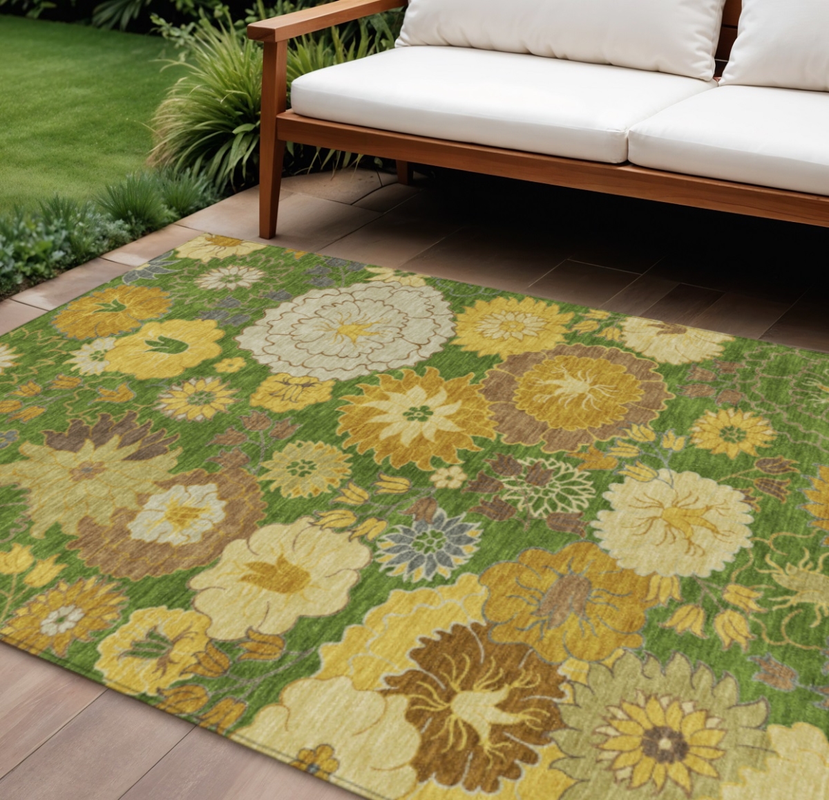 658104 10 x 14 ft. Fern Green Gold & Beige Floral Washable Transitional Indoor & Outdoor Rectangle Area Rug