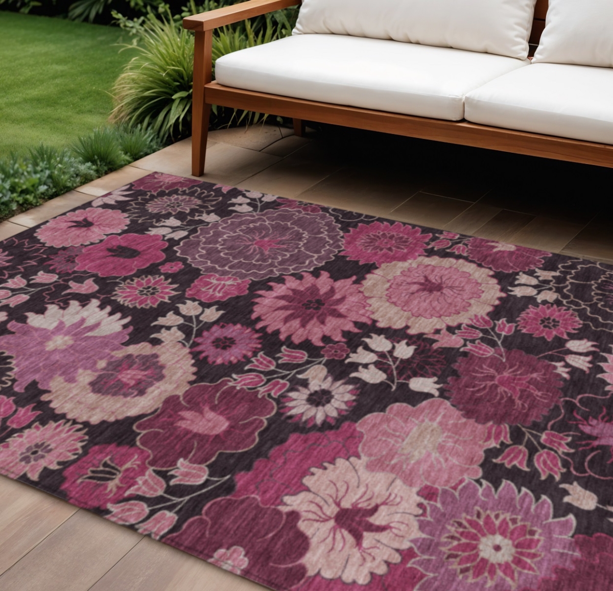 658128 10 x 14 ft. Blush & Black Floral Washable Transitional Indoor & Outdoor Rectangle Area Rug