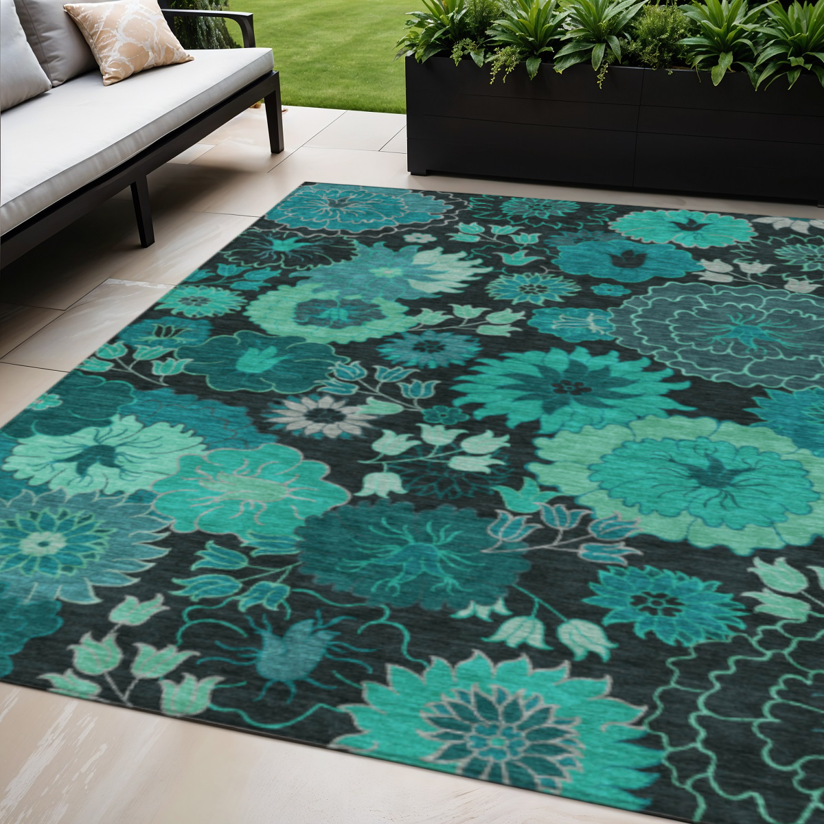 658142 5 x 8 ft. Teal, Blue & Black Floral Washable Transitional Indoor & Outdoor Rectangle Area Rug