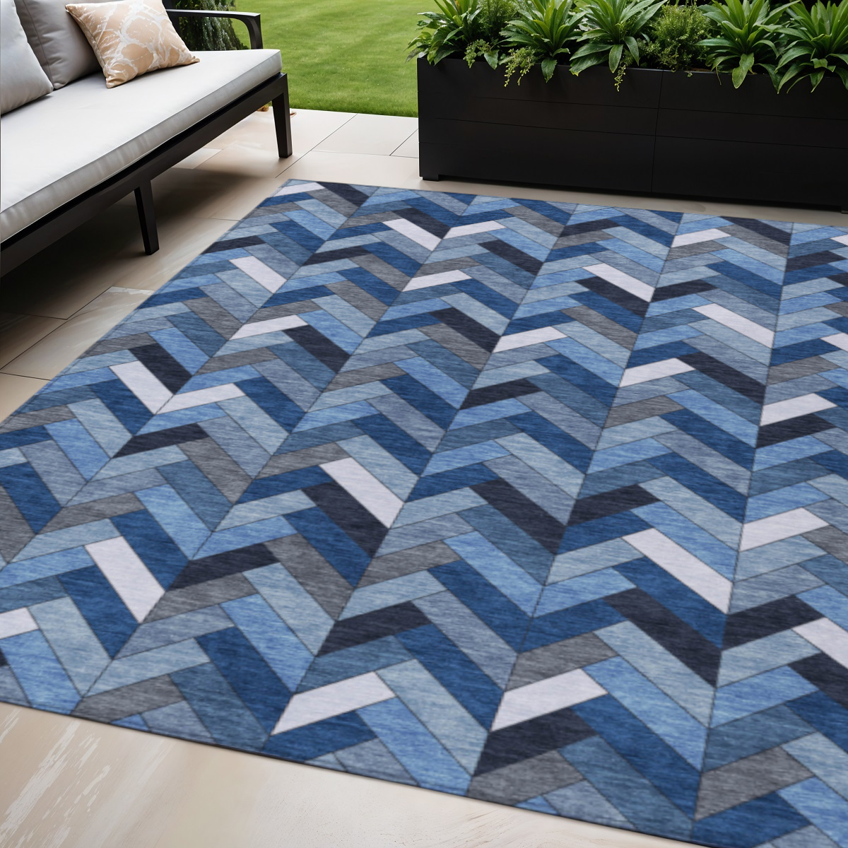 658148 5 x 8 ft. Blue & Ivory Geometric Washable Transitional Indoor & Outdoor Rectangle Area Rug