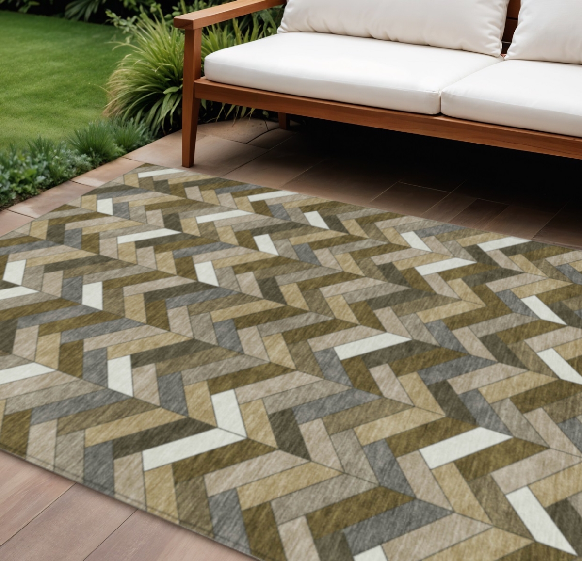 658158 10 x 14 ft. Brown & Ivory Geometric Washable Transitional Indoor & Outdoor Rectangle Area Rug