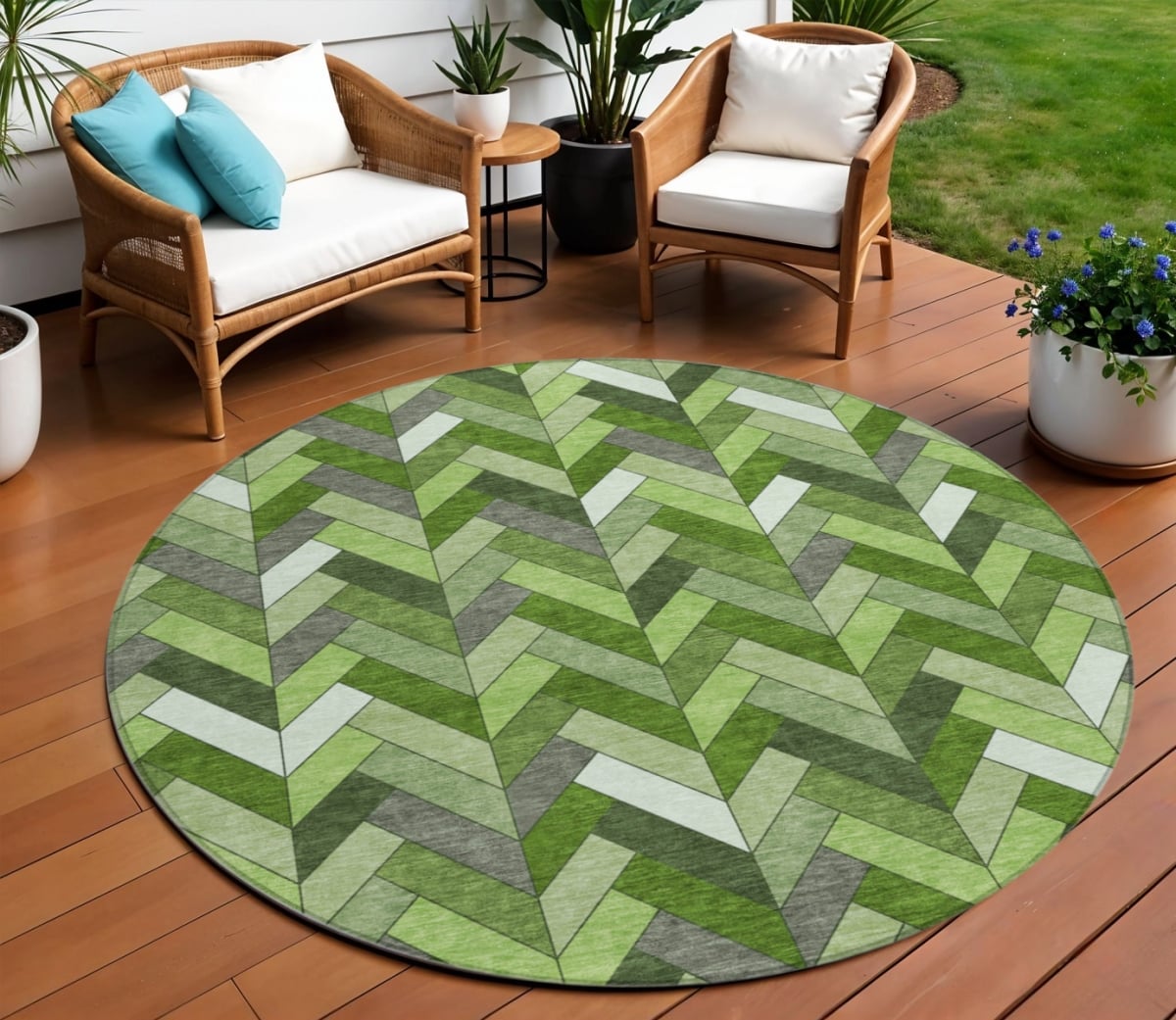 658173 8 ft. Olive Green & Ivory Geometric Washable Transitional Indoor & Outdoor Round Area Rug