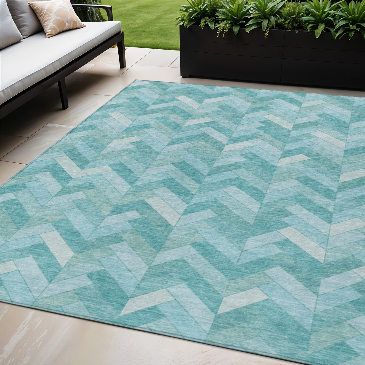 658196 5 x 8 ft. Aqua & Ivory Geometric Washable Transitional Indoor & Outdoor Rectangle Area Rug