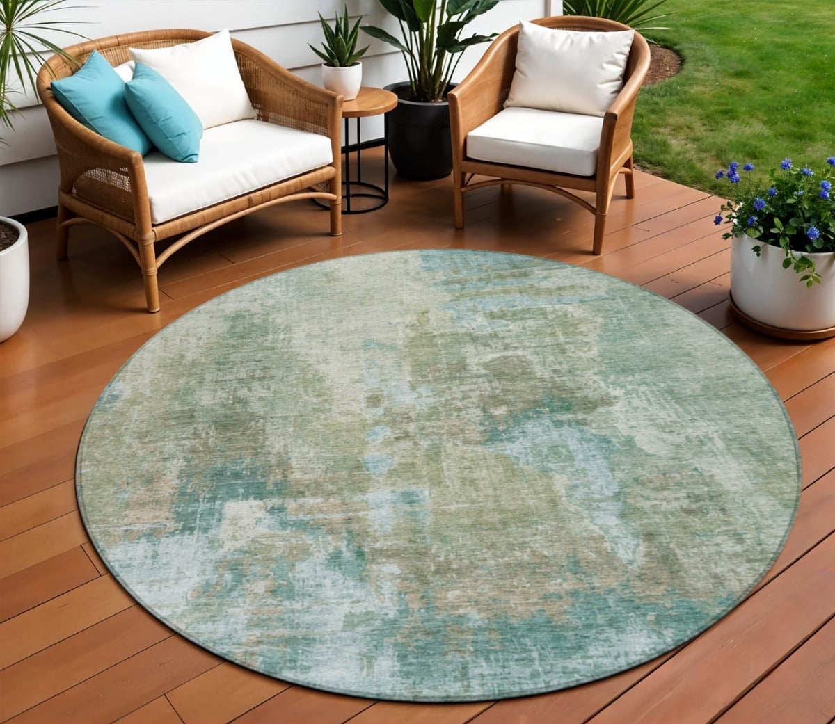 658335 8 ft. Sage & Gray Abstract Washable Transitional Indoor & Outdoor Round Area Rug