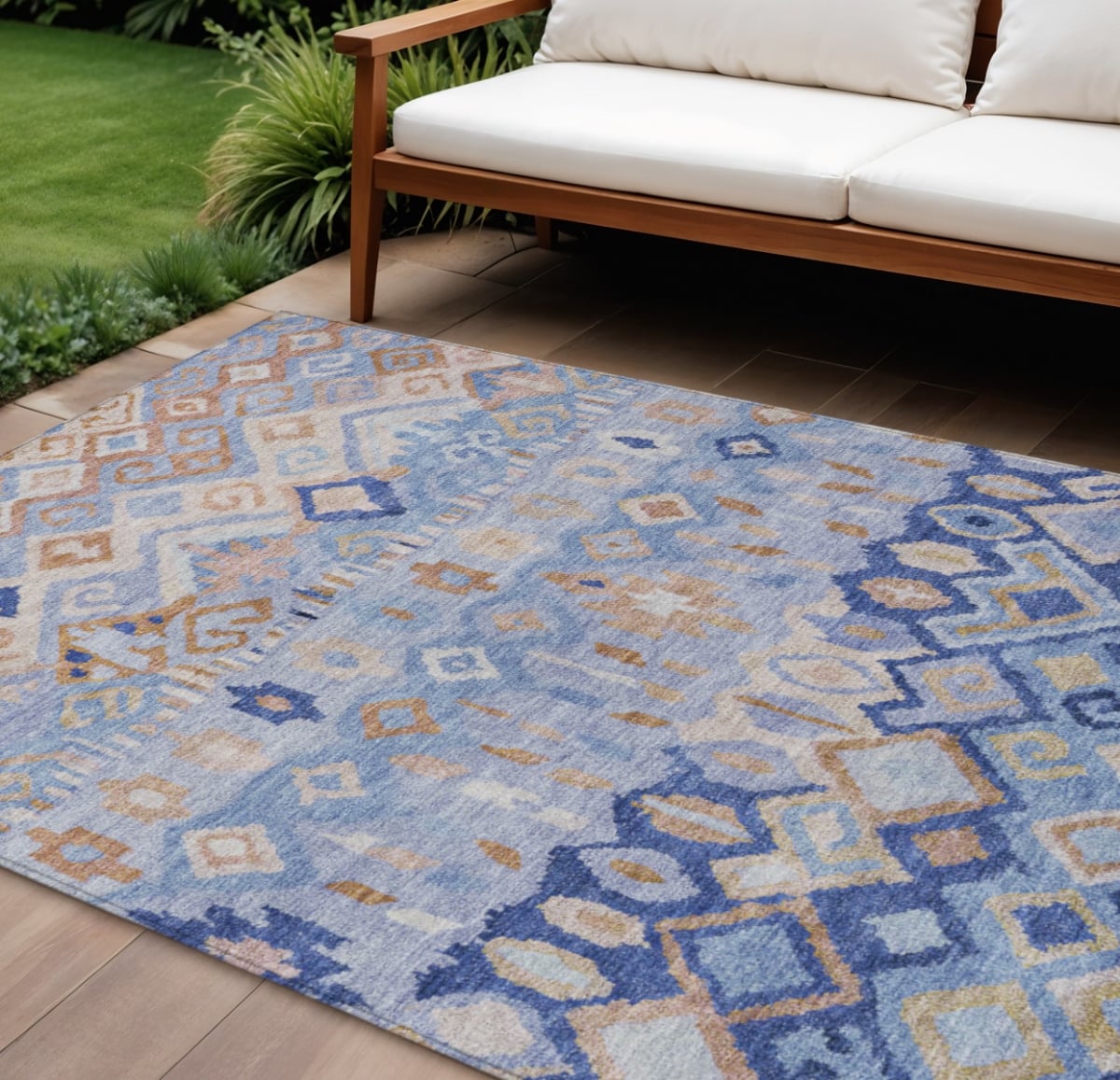658444 8 x 10 ft. Blue & Taupe Geometric Washable Transitional Indoor & Outdoor Rectangle Area Rug