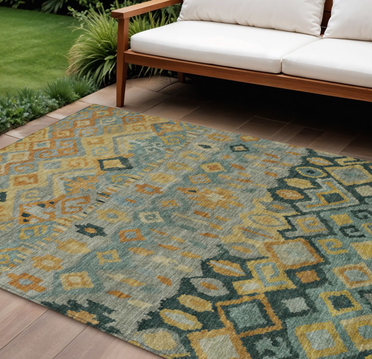 658463 9 x 12 ft. Green Gold & Copper Geometric Washable Transitional Indoor & Outdoor Rectangle Area Rug