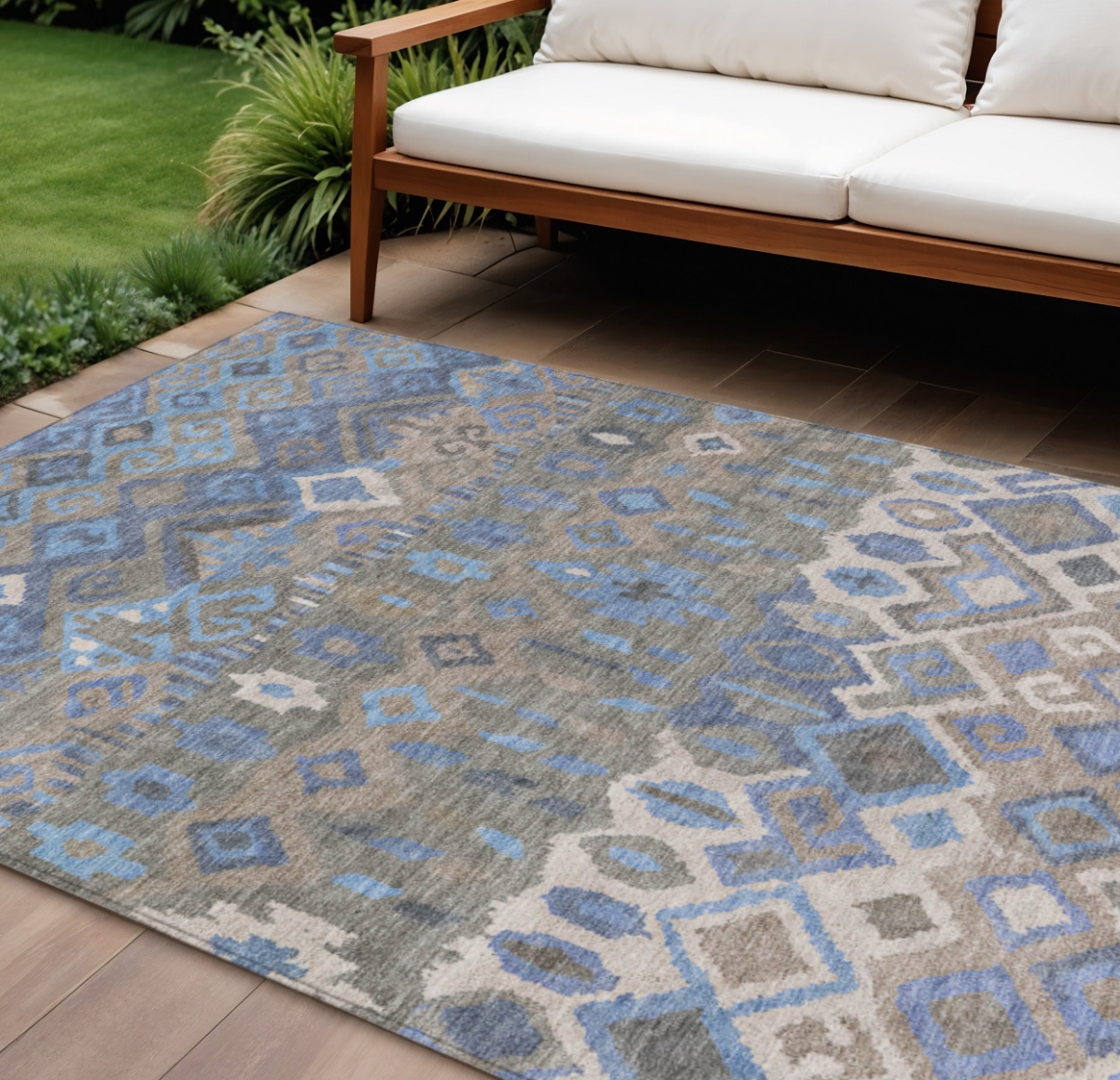 658488 10 x 14 ft. Denim Blue, Gray & Ivory Geometric Washable Transitional Indoor & Outdoor Rectangle Area Rug