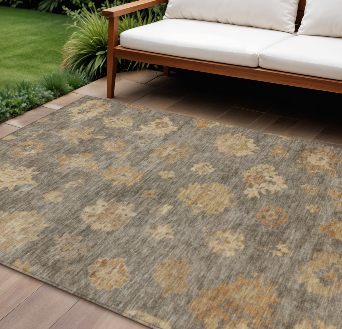 658547 9 x 12 ft. Taupe, Beige & Brown Floral Washable Traditional Indoor & Outdoor Rectangle Area Rug