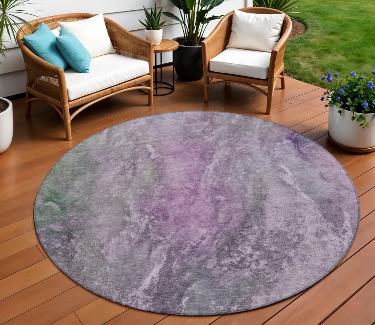 658617 8 ft. Plum & Ivory Abstract Washable Transitional Indoor & Outdoor Round Area Rug