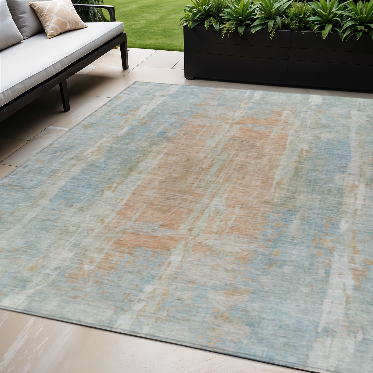 658688 5 x 8 ft. Sky Blue & Copper Abstract Washable Transitional Indoor & Outdoor Rectangle Area Rug