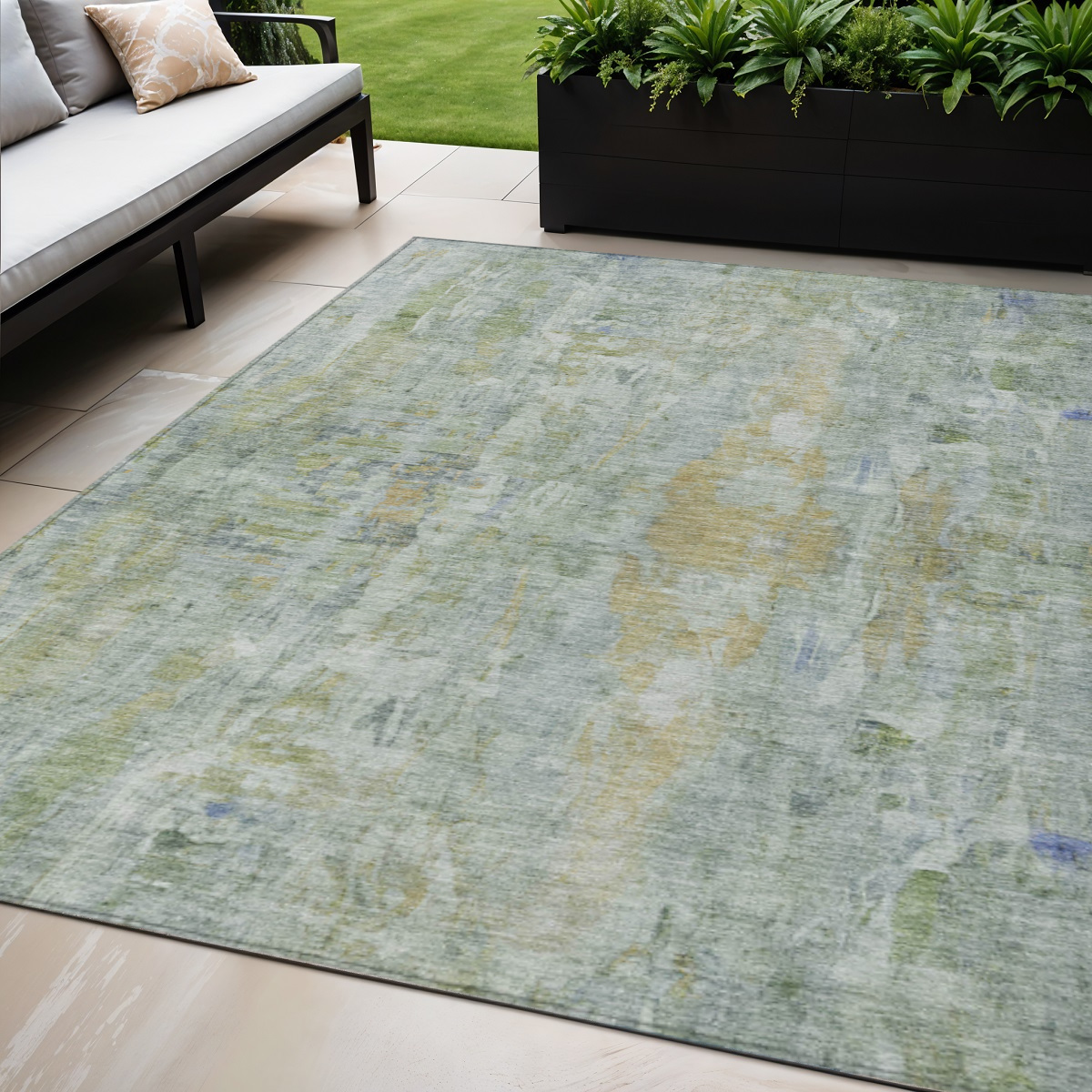 658700 5 x 8 ft. Artichoke Green & Blue Abstract Washable Transitional Indoor & Outdoor Rectangle Area Rug