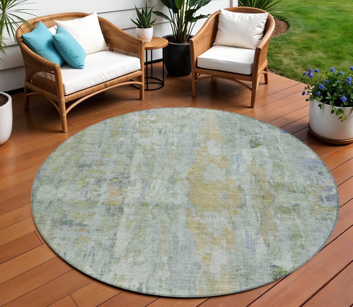 658701 8 ft. Artichoke Green & Blue Abstract Washable Transitional Indoor & Outdoor Round Area Rug