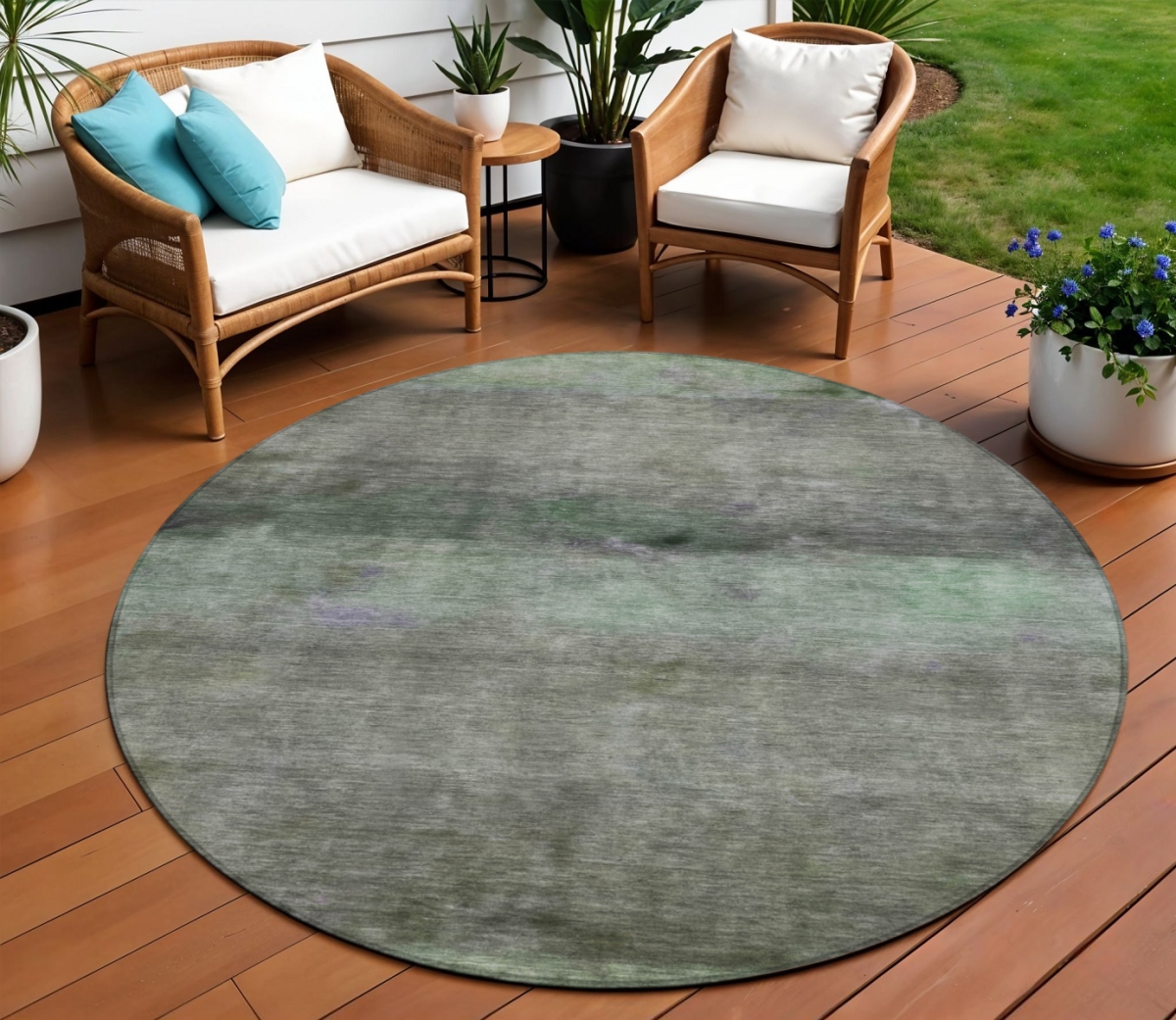 658755 8 ft. Artichoke Green & Gray Abstract Washable Transitional Indoor & Outdoor Round Area Rug