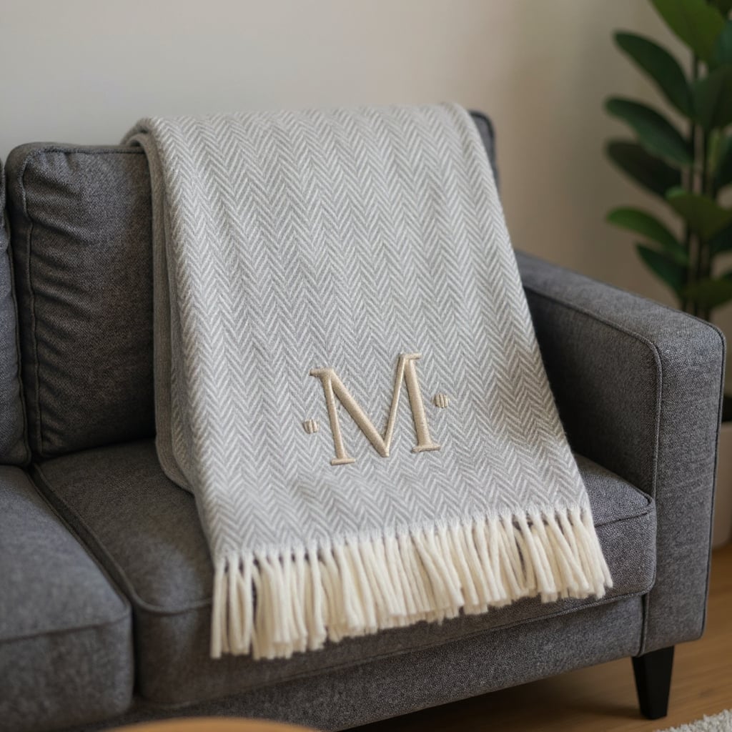 655536 70 x 55 x 0.50 in. Gray & White Herringbone Cotton Blend M Initial Throw Blanket with Tassels & Embroidery