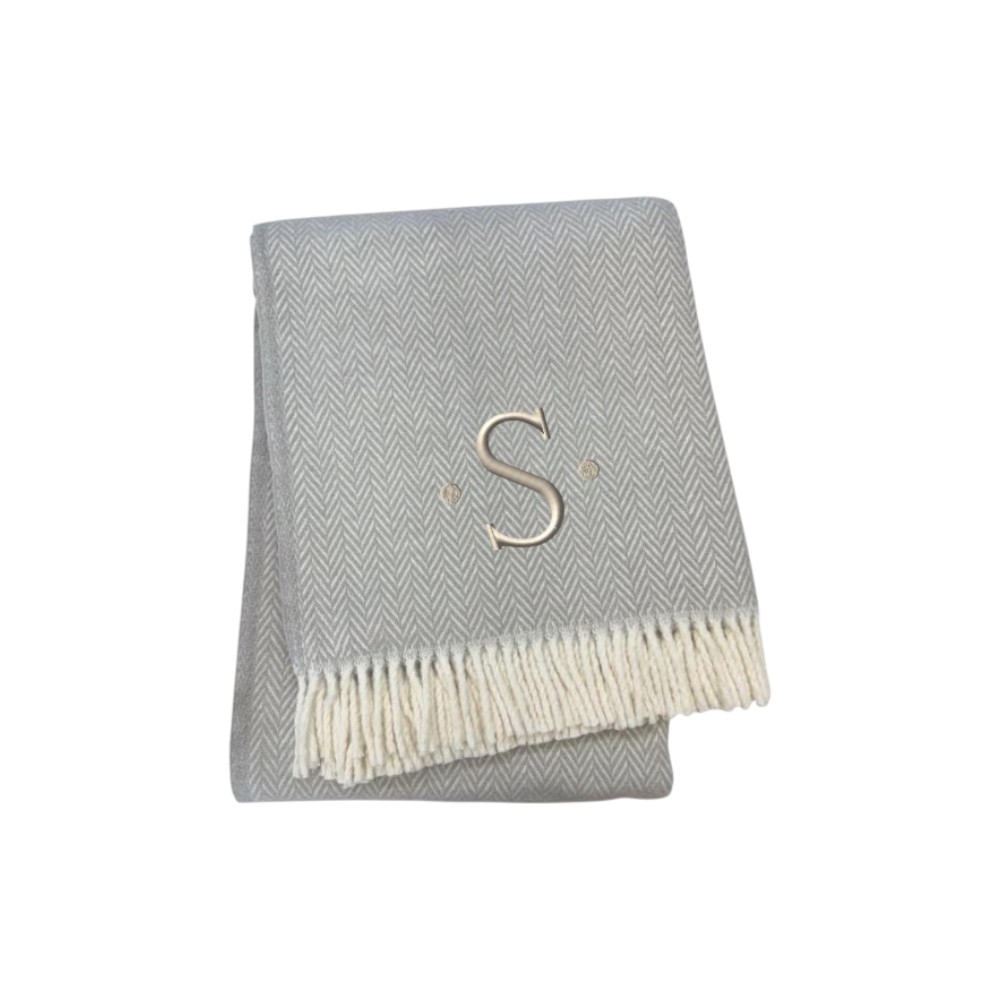 655542 70 x 55 x 0.50 in. Gray & White Herringbone Cotton Blend S Initial Throw Blanket with Tassels & Embroidery
