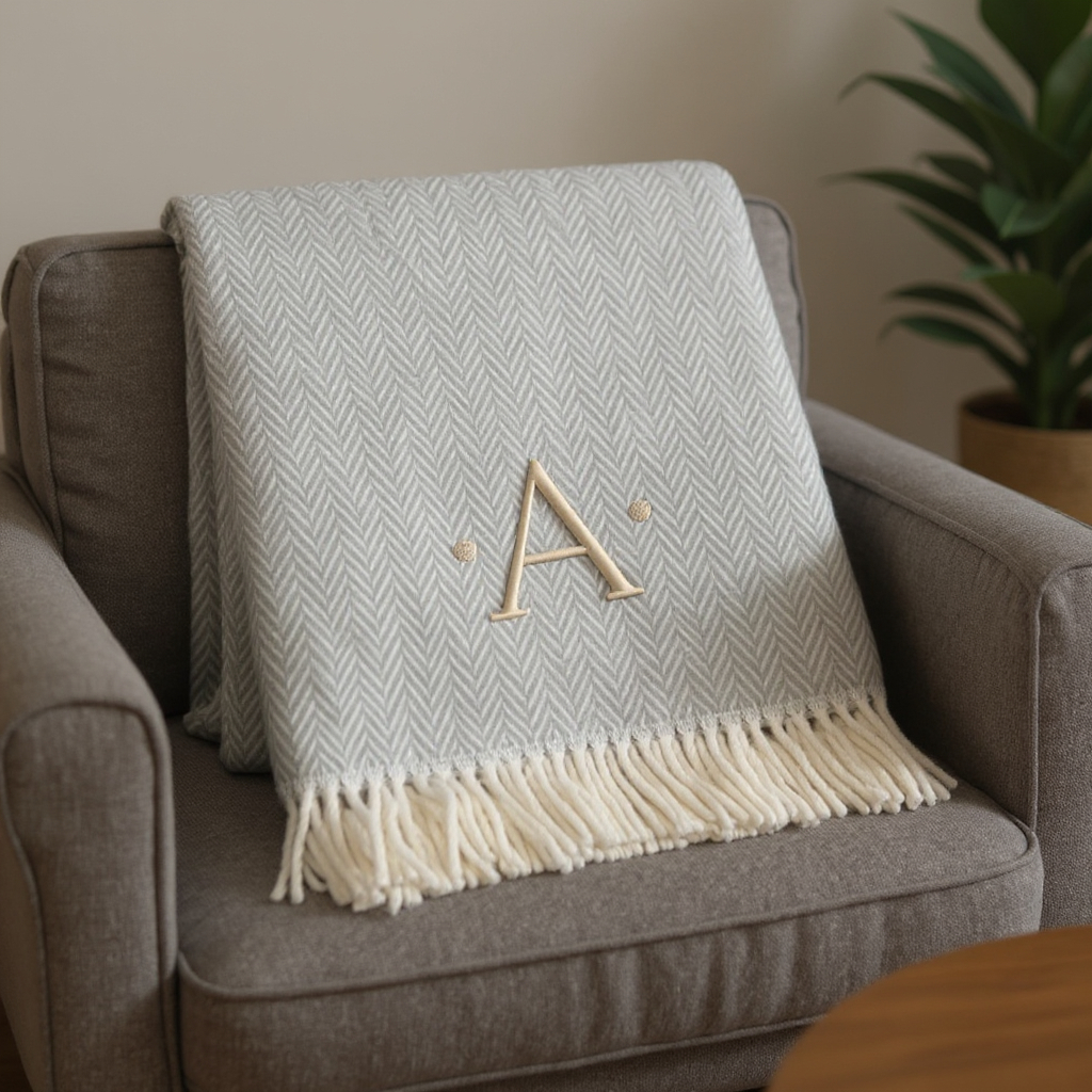 655524 70 x 55 x 0.50 in. Gray & White Herringbone Cotton Blend A Initial Throw Blanket with Tassels & Embroidery