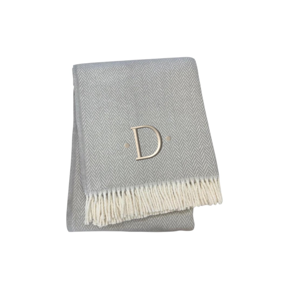 655527 70 x 55 x 0.50 in. Gray & White Herringbone Cotton Blend D Initial Throw Blanket with Tassels & Embroidery