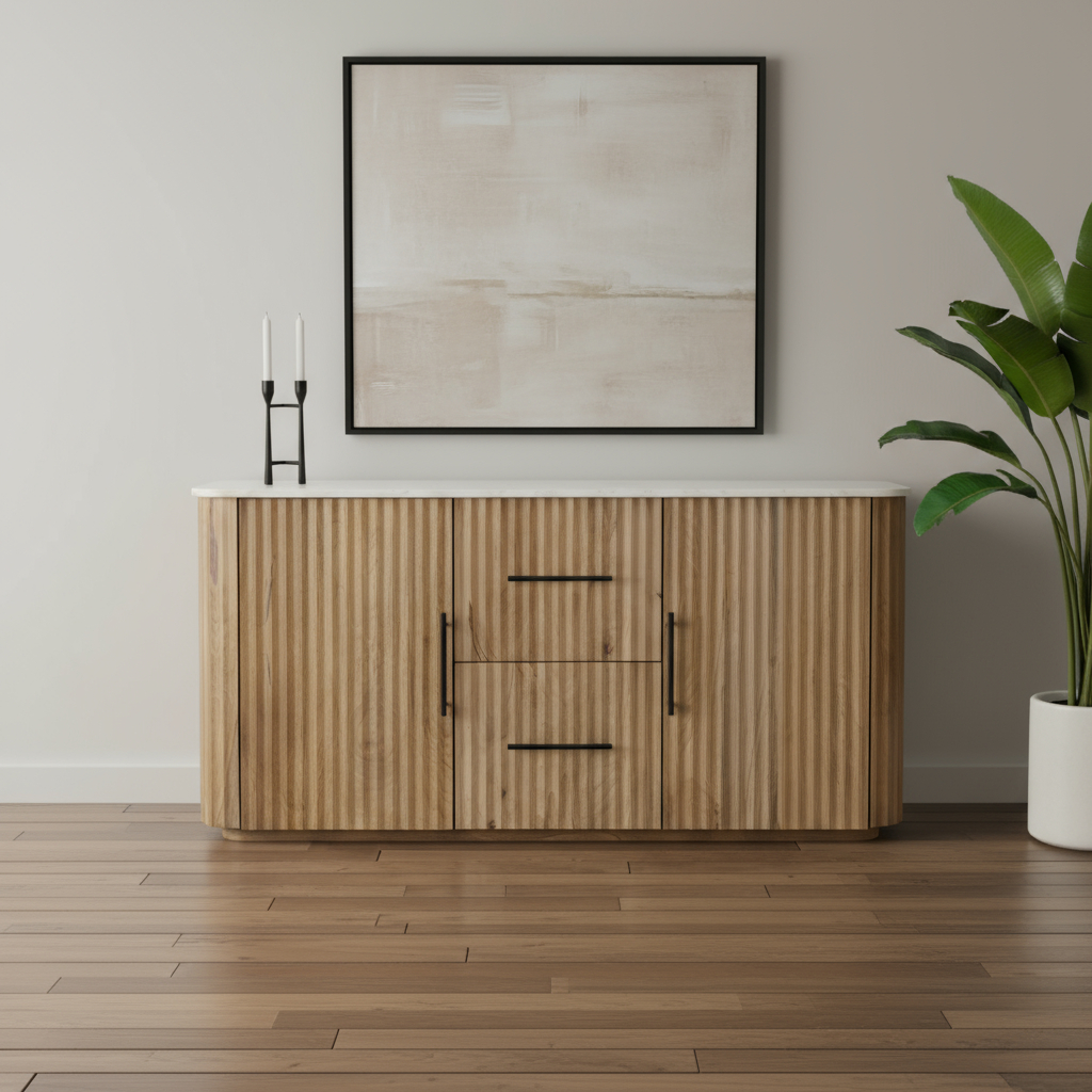 654295 63 in. Brown & White Solid Wood & Marble Ribbed Texture Sideboard with Two Doors