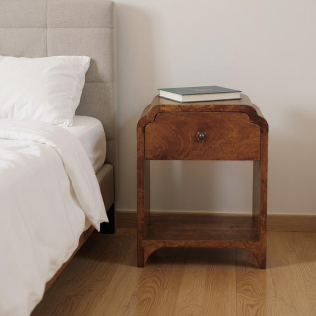 651508 16 in. Solid Wood One Drawer Scallop Edge Nightstand - Chestnut