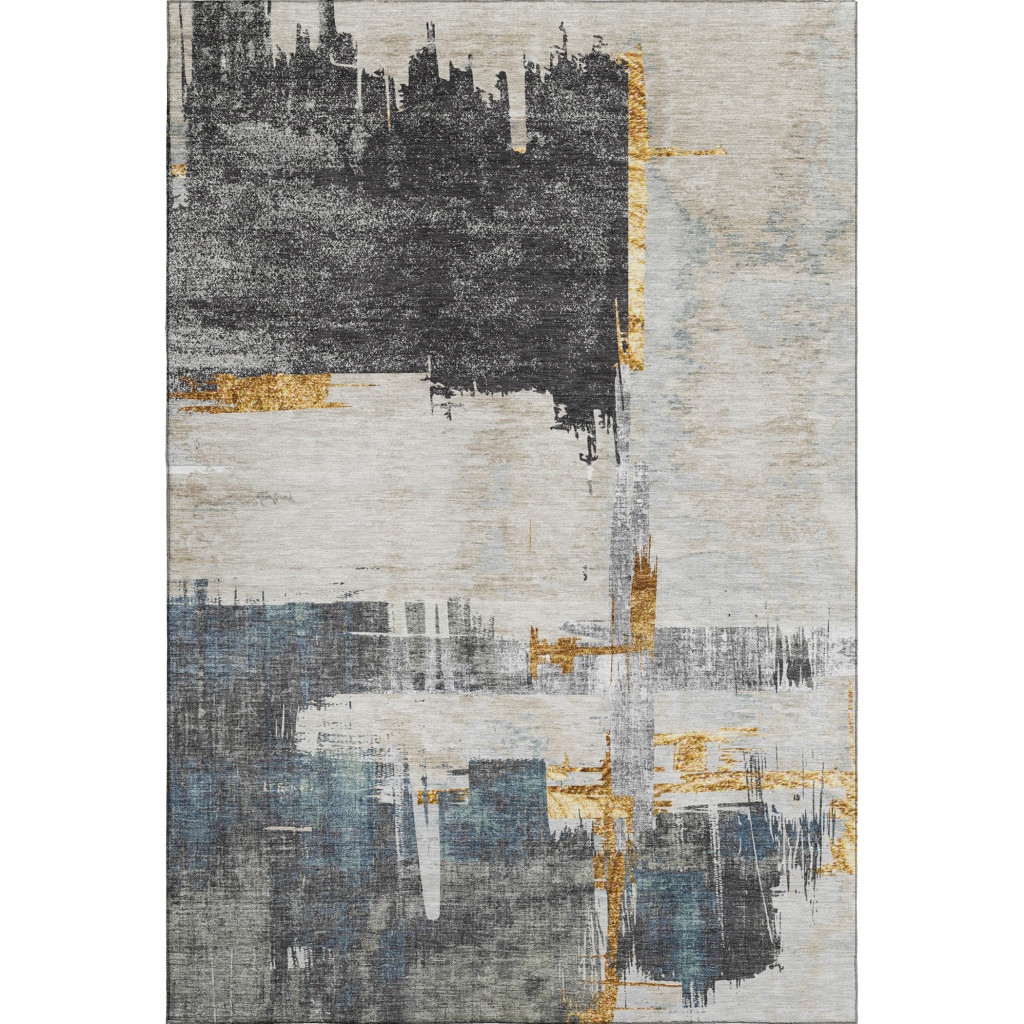 652688 9 x 12 ft. Charcoal Ivory & Gold Abstract Washable Machine Made Rectangle Area Rug with UV Protection
