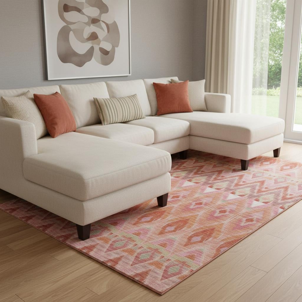 651911 10 x 14 ft. Pink Orange & Mint Green Southwestern Washable Machine Made Rectangle Area Rug with UV Protection