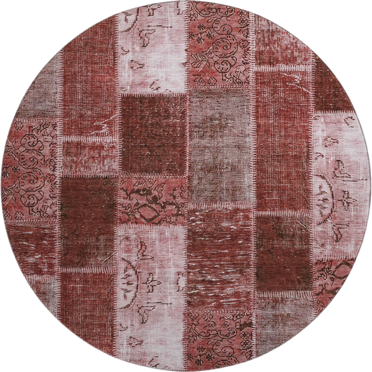 652920 8 ft. Burgundy & Ivory Patchwork Traditional Washable Round Area Rug with UV Protection