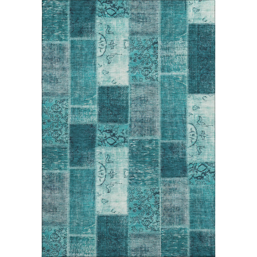 652969 8 x 10 ft. Teal & Ivory Patchwork Traditional Washable Machine Made Rectangle Area Rug with UV Protection