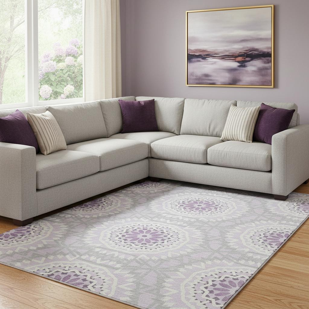 652257 10 x 14 ft. Lilac & Ivory Geometric Transitional Washable Machine Made Rectangle Area Rug with UV Protection