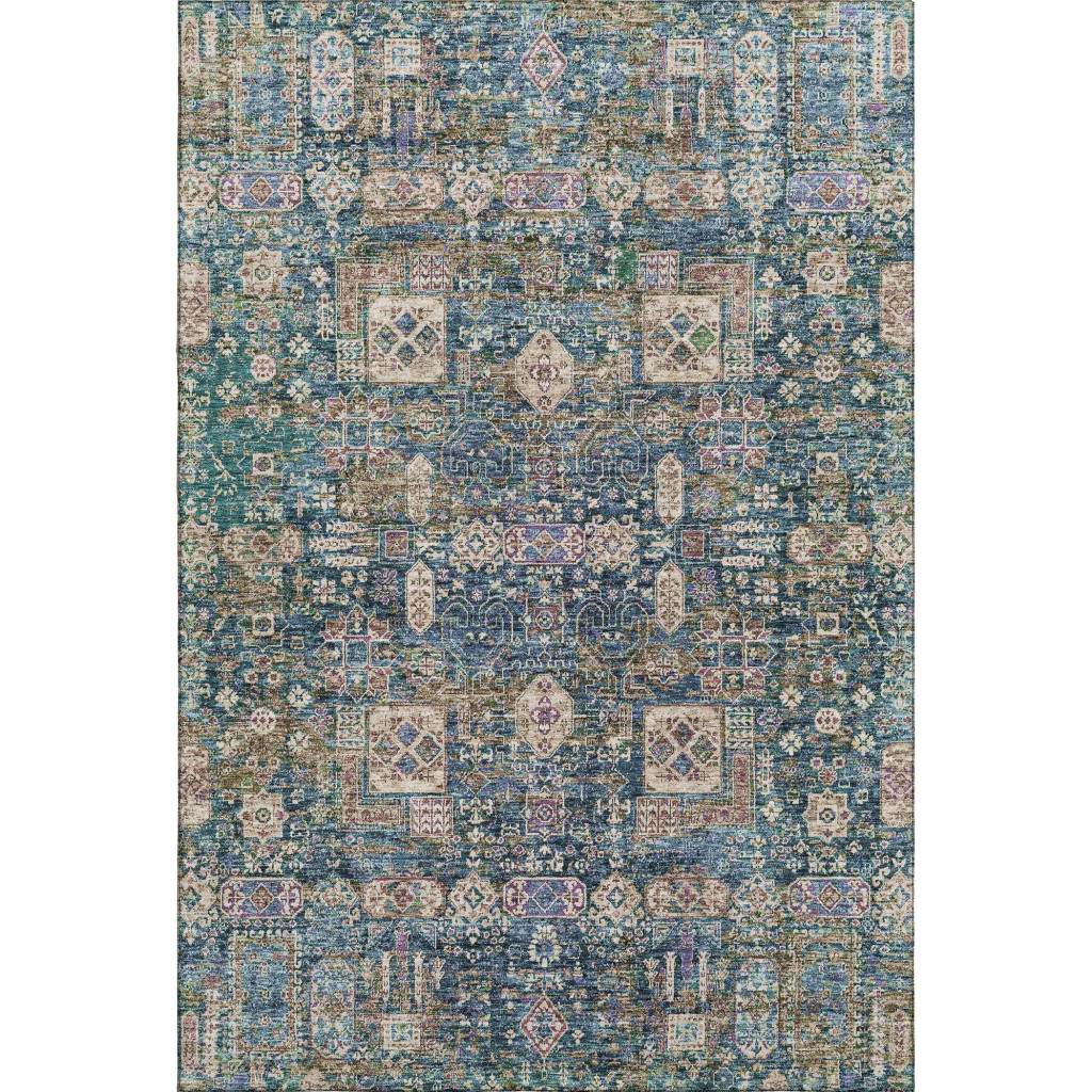 653384 8 x 10 ft. Green Blue & Beige Floral Washable Machine Made Rectangle Area Rug with UV Protection