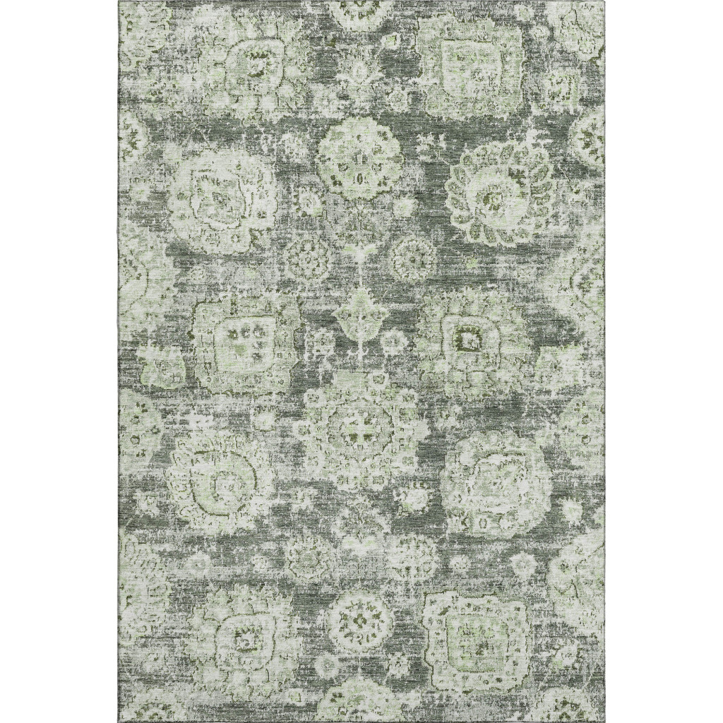 653175 9 x 12 ft. Artichoke Green, Ivory & Gray Floral Transitional Washable Machine Made Rectangle Area Rug with UV Protection