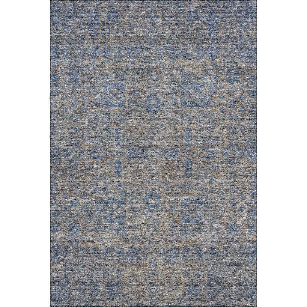 653397 9 x 12 ft. Khaki & Blue Floral Washable Machine Made Rectangle Area Rug with UV Protection