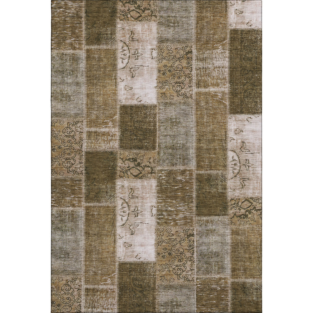 652929 10 x 14 ft. Brown & Ivory Patchwork Washable Machine Made Rectangle Area Rug with UV Protection