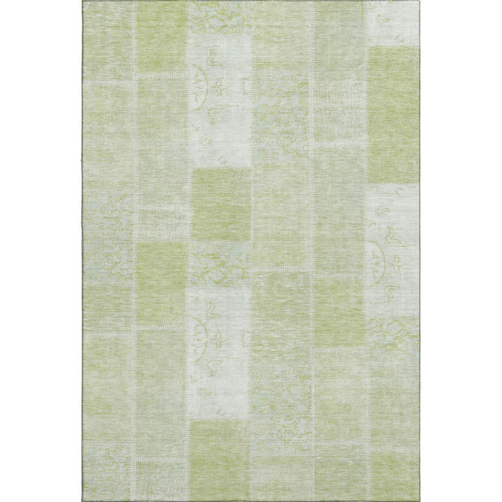 652910 9 x 12 ft. Artichoke Green & Ivory Patchwork Washable Machine Made Rectangle Area Rug with UV Protection