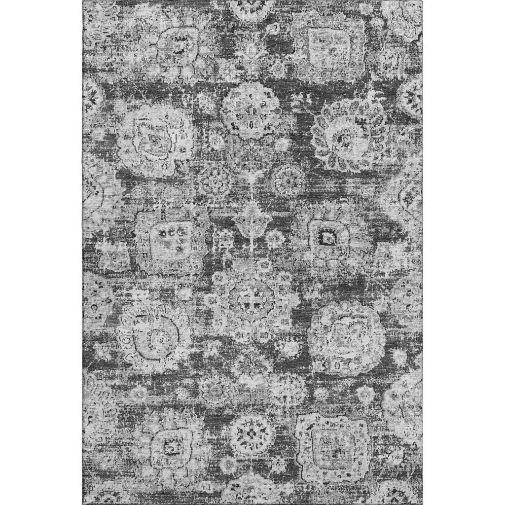 653204 8 x 10 ft. Gray & Ivory Floral Transitional Washable Machine Made Rectangle Area Rug with UV Protection